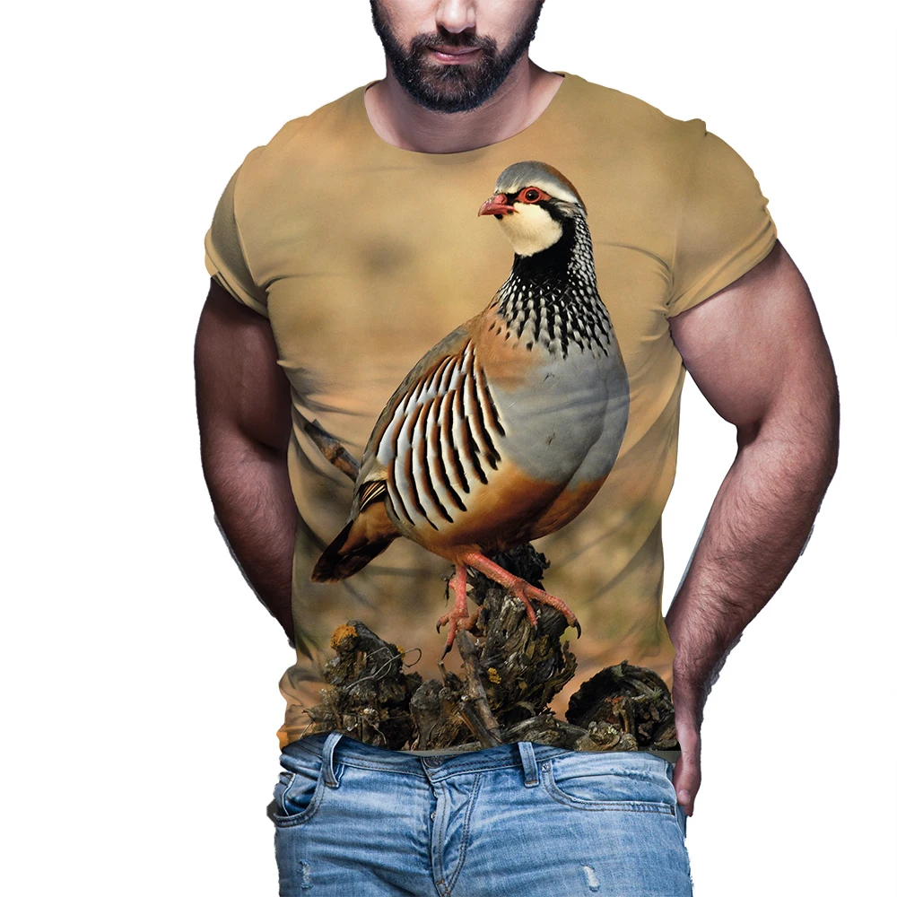 imals, hunting, partridge bird Harajuku 3D men's printed shirt, informal short sleeved street clothing, summer fashion,