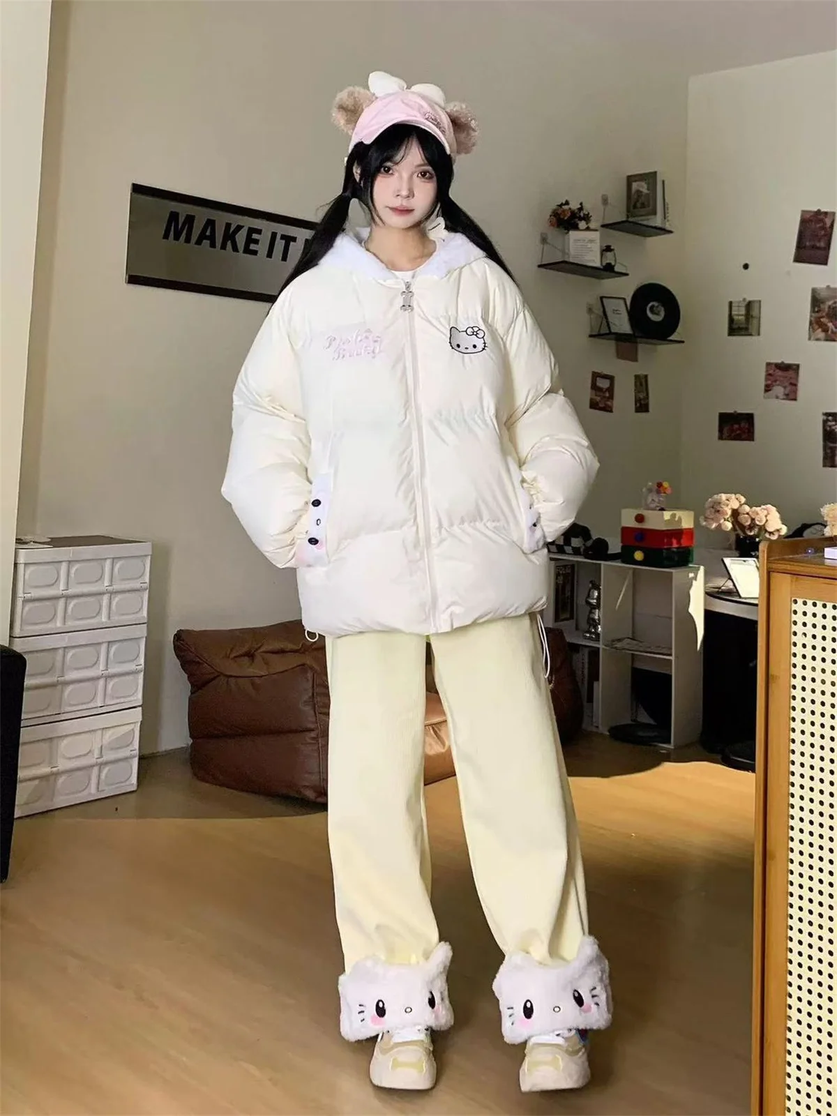 Herbst Winter Japanische Süße Lolita Hochgeschnittene Cordhose Kawaii Cartoon Katze Warme Weite Hose Y2k Lose Niedliche Hose – Detail 10