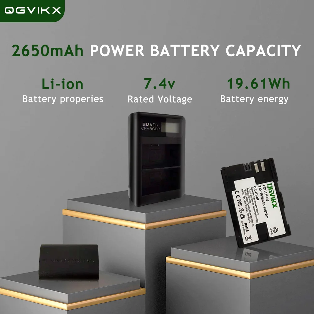 2-Pack LP E6 Battery and Dual Charger for Canon 7.4V 2650mAh for Canon EOS 5DS R 5D Mark II 5D Mark III 6D 7D 70D 80D Camera