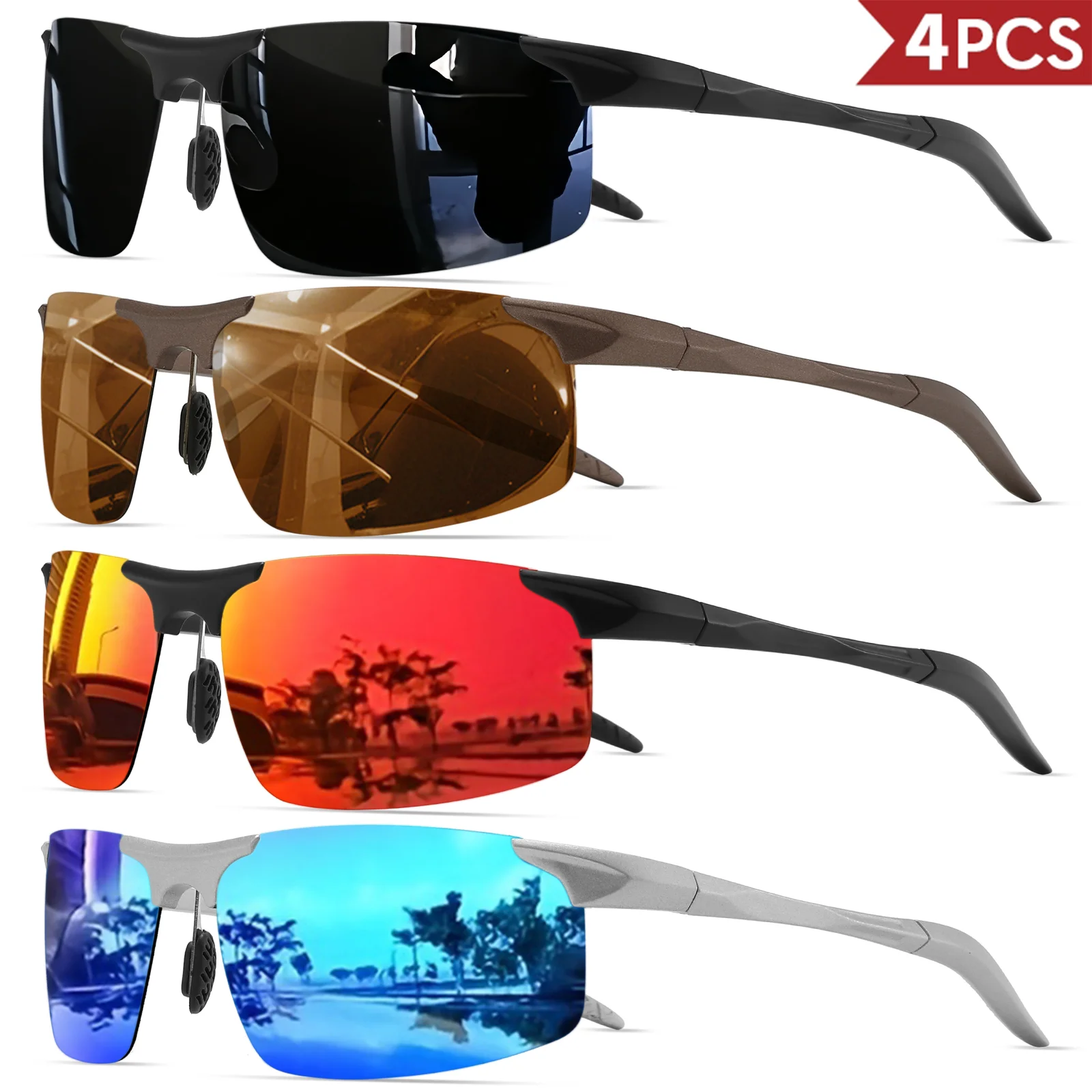 4PCS Classic Retro Semi-Rimless Square Polarized Sunglasses - Lightweight PC Frame & Spring Hinges, UV400 Unisex for Driving