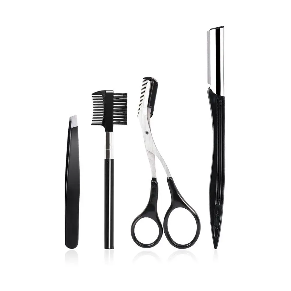 4 pçs/set tesoura sobrancelha shaper rosto depilador com escova pente sobrancelha pinça ferramenta de maquiagem navalha sobrancelha trimmer kit