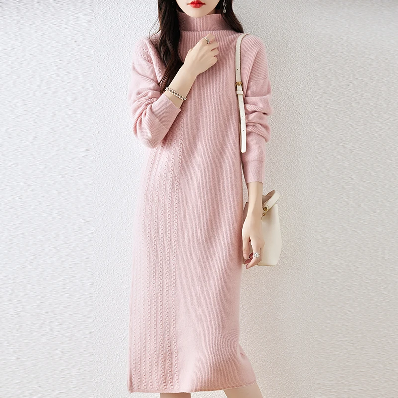 Autumn Winter New Wool Dress Women\'s Half High Neck Long Sleeve Pullover 100% Pure Wool Loose Jacquard Style Knitted Wool Dress