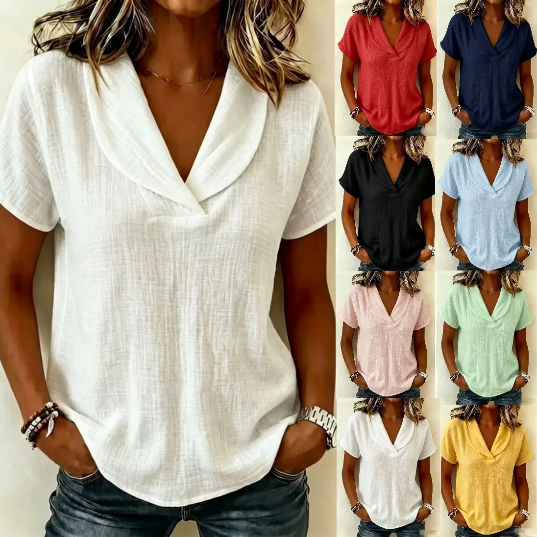 2026 Women's Blouses Summer New Short Sleeve Shirts Loose Casual Fashion V-Neck Top Female Solid Color Plus Size Tops Pullovers