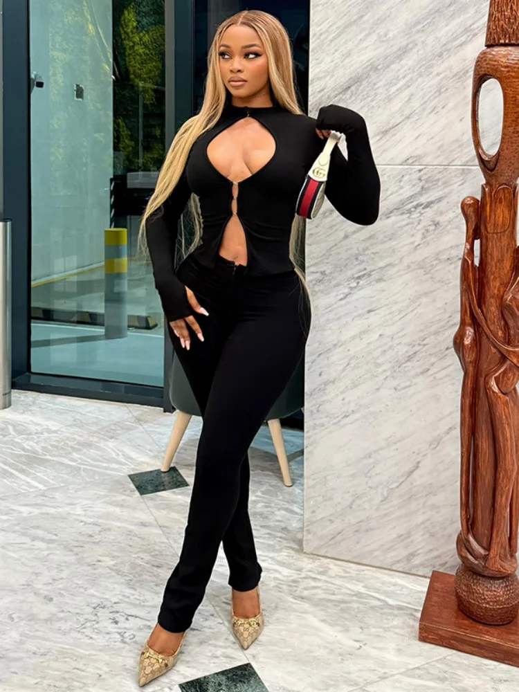 

Костюм Sister Star, модный сексуальный комплект с открытыми крючками и пуговицами, топ на молнии, длинные брюки, сексуальный облегающий элегантный пригородный наряд из двух предметов