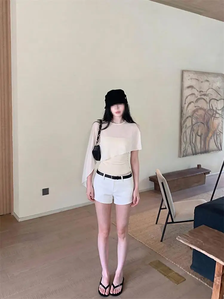 New Summer Women's Light Soft Knitted Sun Protection Top Peach Color Gentle Style Korean Version Slim Fit round Neck T-shirt