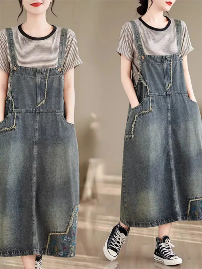 

Ethnic Style Embroidered Denim Dress Retro Fur Edge Medium Length 2024 Spring Summer overall Jeans Women A-Line Dress K644