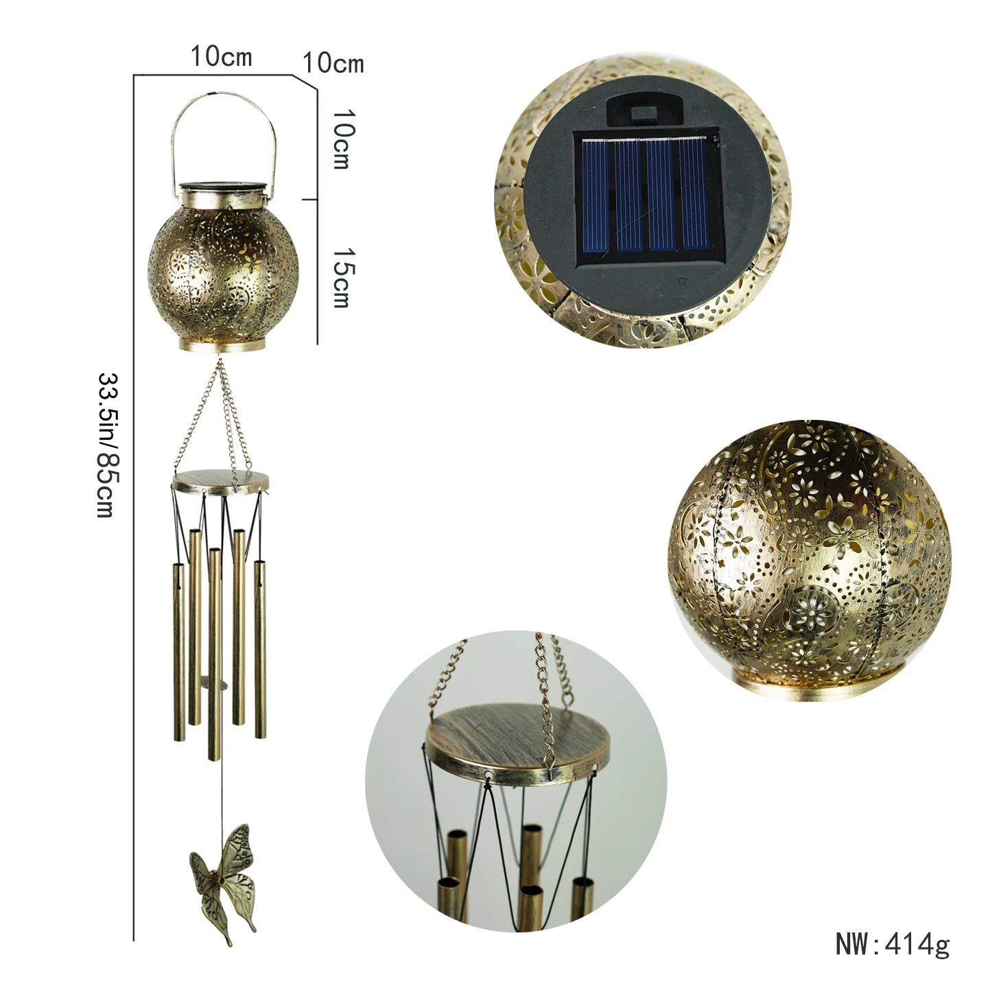 Solar Powered Garden Light Featuring Butterfly-Shaped Housing Wind Chime Elements and Soft Warm Night Illumination