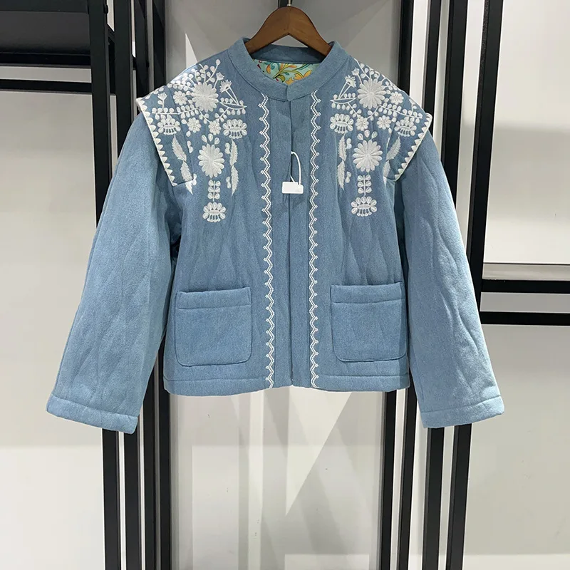 

Women's Blue Embroidered Loose Cotton Clothes for Winter Warmth