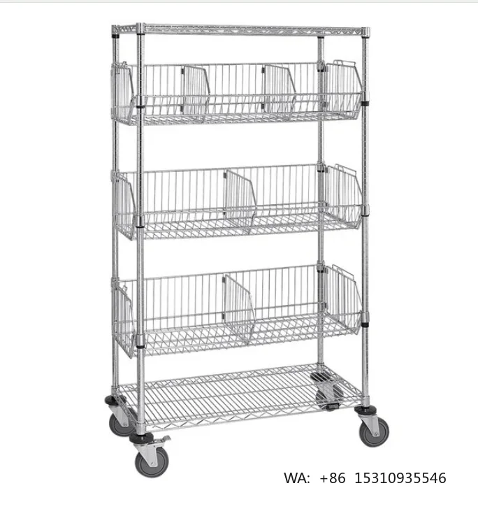 5 Tier Mobile Grocery Steel Chrome Wire Metal Display Shelving Storage Rack Supermarket