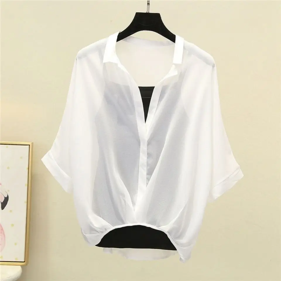 Summer New Casual Chiffon Shirt and Sling Vest Two-piece Set for Women\'s Clothing Stripe Loose Slimming Bat Sleeve Chiffon Top