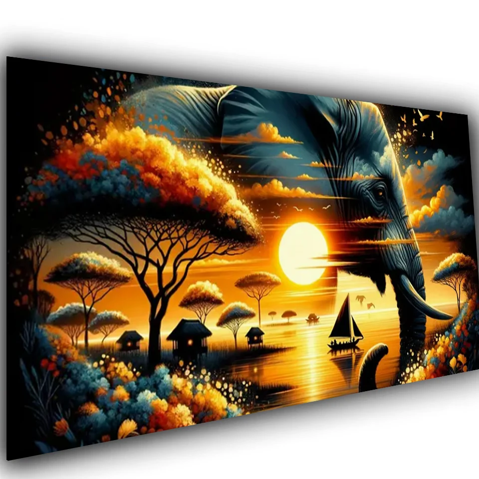 New Vibrant elephant African landscape Sunset Diy Diamond Painting Large Size Full Diamond Mosaic art Embroidery Home Decor Gift