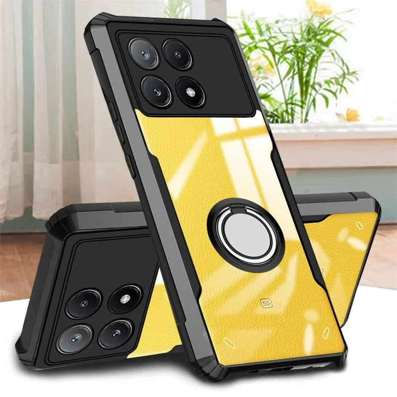 Transparent Acrylic Phone Case For PocoX6 Poco X6 Pro Poko Little X 6 X6Pro 5G 2024 Magnetic Holder Ring Shockproof Armor Coque