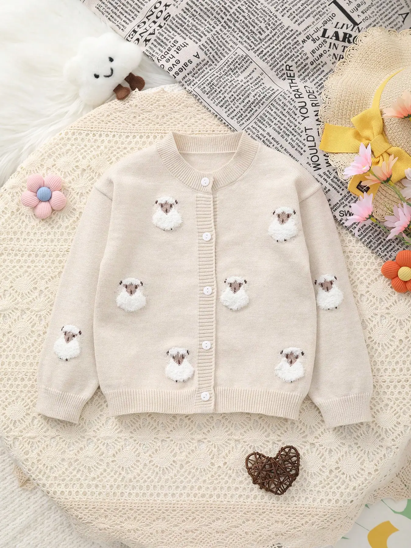 Baby Girl Sheep-Patterned Long-Sleeved Single-Breasted Casual Woolen Cardigan, Cute Little Sheep Embroidery, Soft and Comfortable Fabric