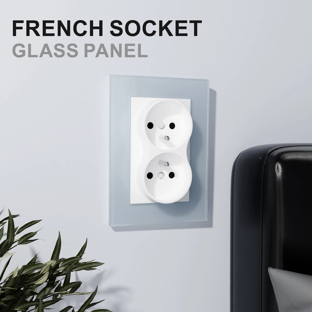 European standard 86*86mm tempered glass double French socket 16A with ce certification 110-250V