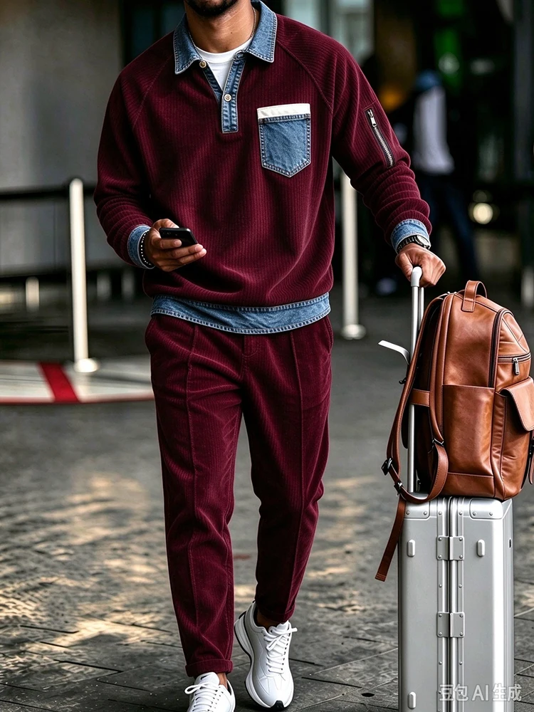 Vintage Contrast Color Corduroy Two Piece Outfits Mens Stylish Long Sleeve And Trousers Suits Fall Polo Shirts And Pants Sets