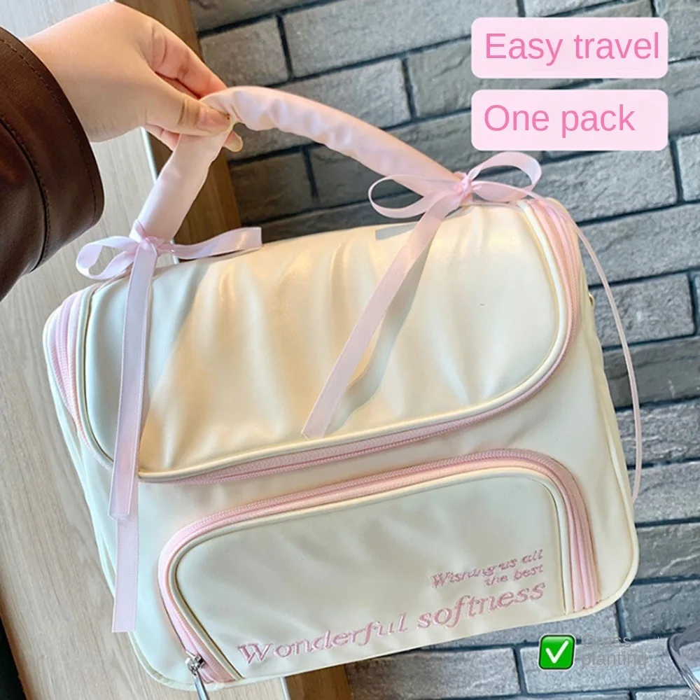 

PU Leather Women's Makeup Bag Waterproof Handheld Bowknot Cosmetic Bag Ballet Style Handbag Washing Storage Bag Travel