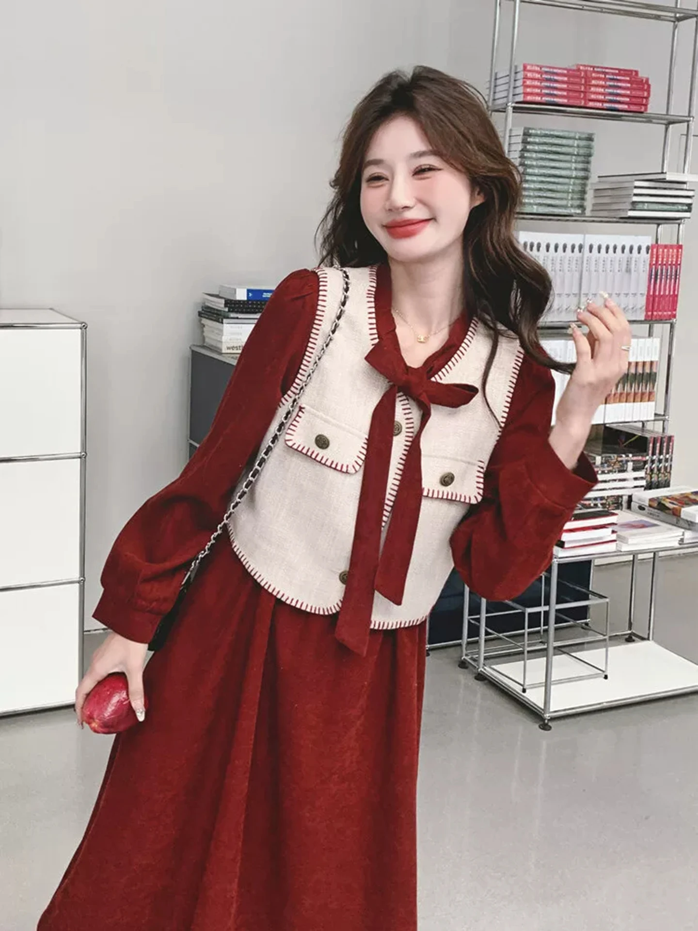Red Two-Piece Set Dress Women's Spring Autumn 2026 New Style Small Fragrance Style Fashionable Popular Internet Celebrity Sho...