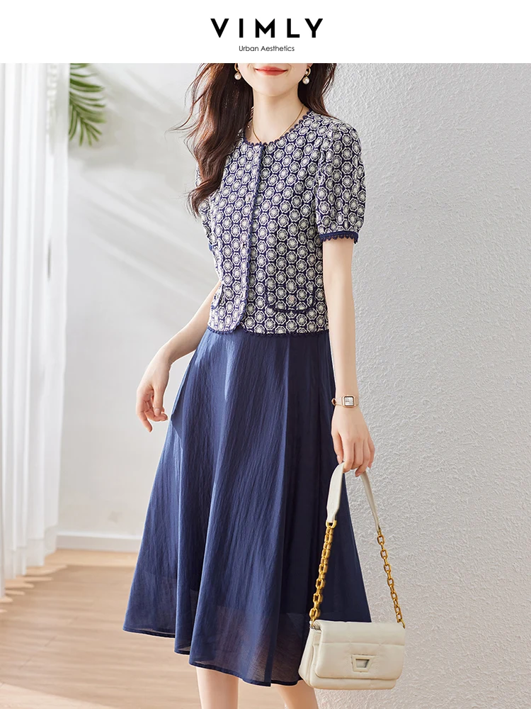 Vimly 2024 Summer Women's Outfits Two Piece Skirt Sets Navy Lyocell Solid Midi Skirts Embroidery Short Sleeve Tops Matching Sets