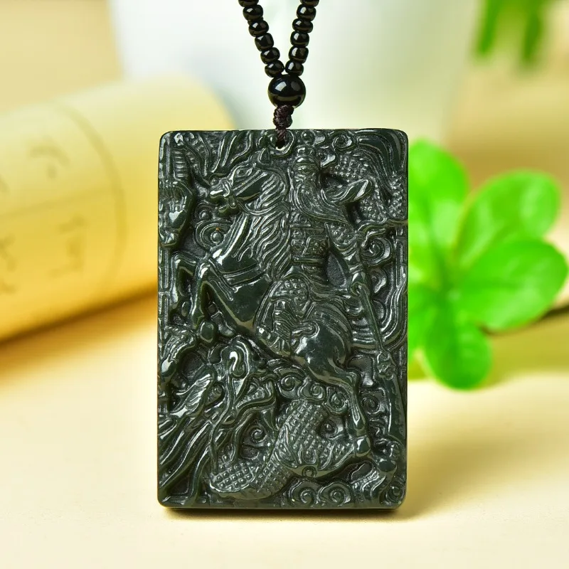 Traditional Ethnic Style Sapphire Horseback Riding Guan Gong Pendant Jade Brand Necklace