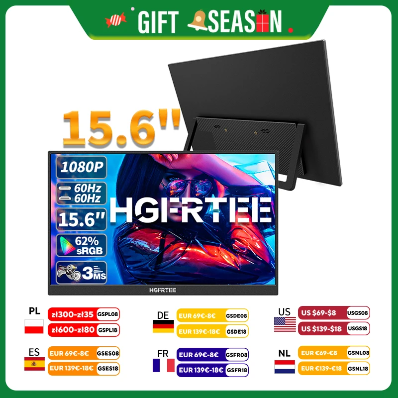 HGFRTEE 15.6inch Portable Monitor FHD-IPS Panel Second Screen for Laptop Gaming Extended Display with Type C HDMI