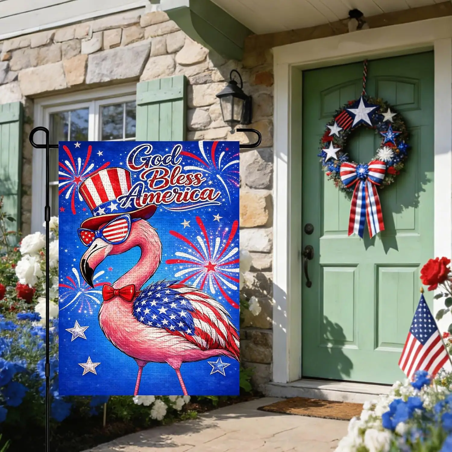 IVN God Bless America 4th of July Garden Flag 12x18 Inch Burlap Double Sided Flamingo Bow Tie Flag Yard Patriotic Independen ZZM