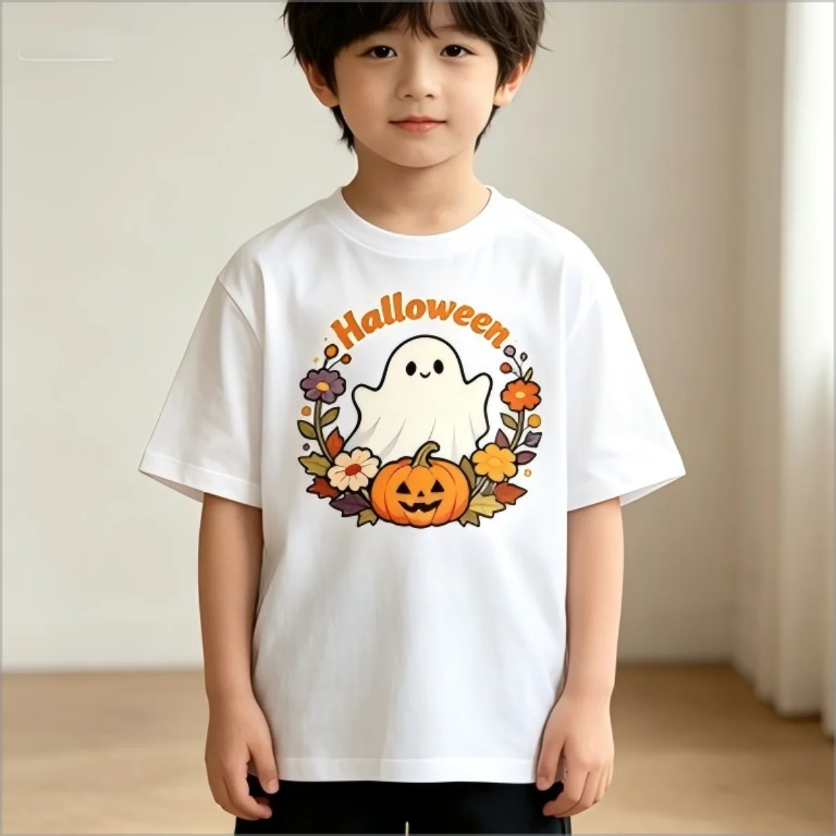 Cute Halloween Ghost Pumpkin Graphic T‑Shirt, Floral Wreath Fall Autumn Print Tee, Soft Casual Short Sleeve Tops for Holiday