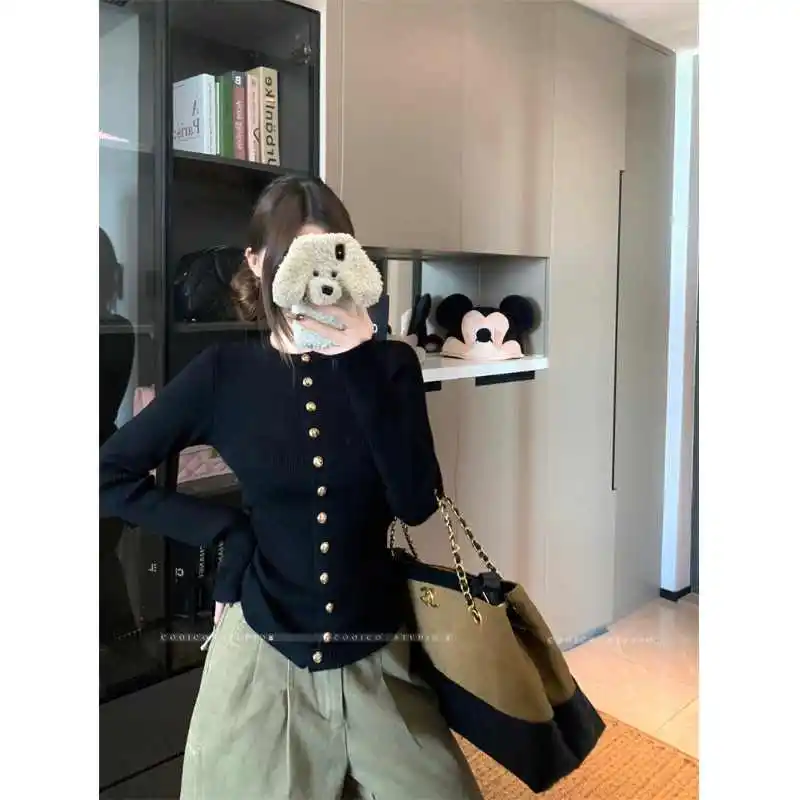 

Cardigans Japanese High School Sweaters Womens Winter Raglan Petal-Sleeve Boxy Academy Holes Sleeve Punk Fur-Trim Simple Curved