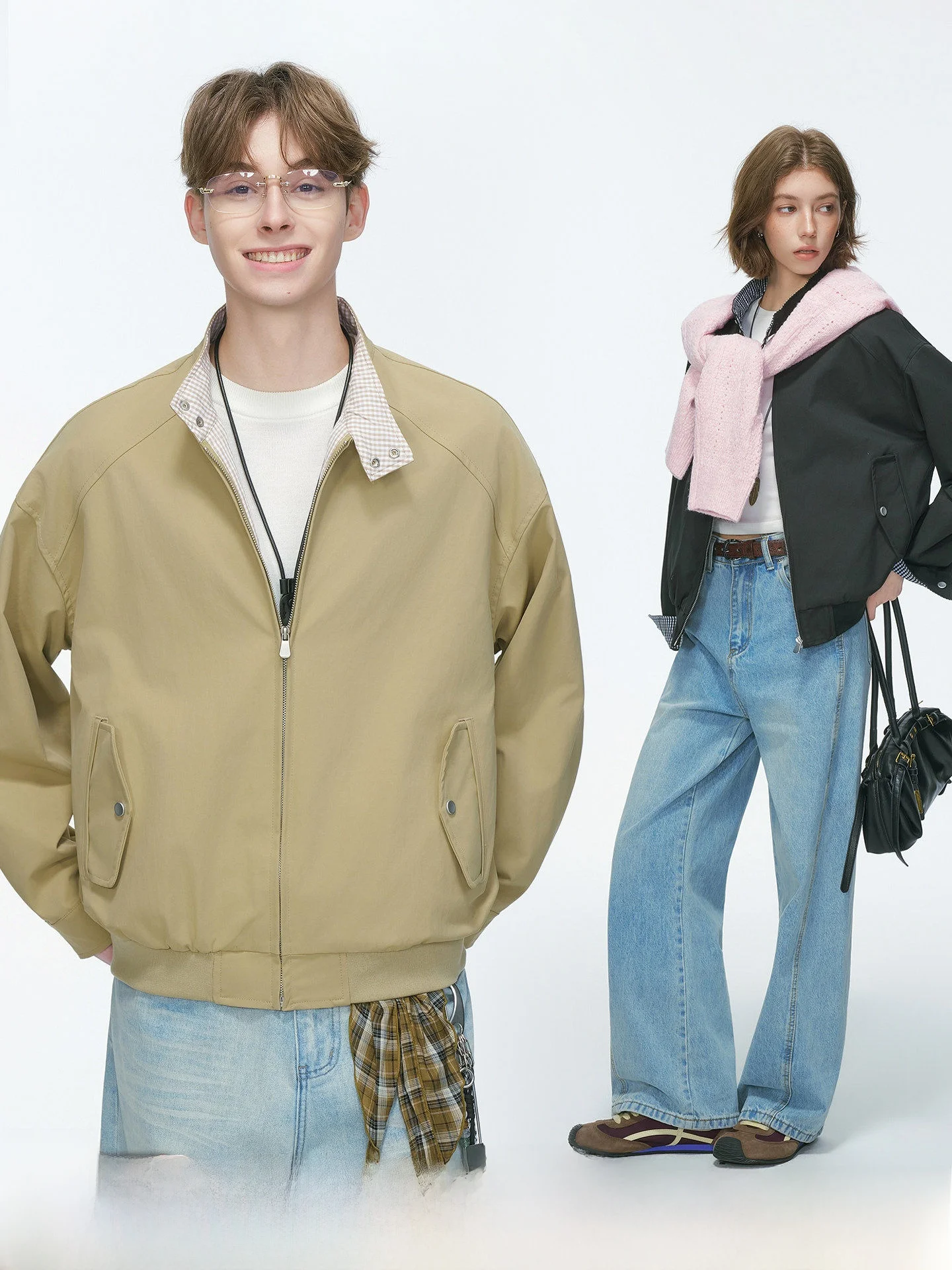 Cleanfit American Style Plaid Harrington Jacket Unisex Spring Autumn Boxy Short Wide Coat Men's Women's Fashion Outerwear