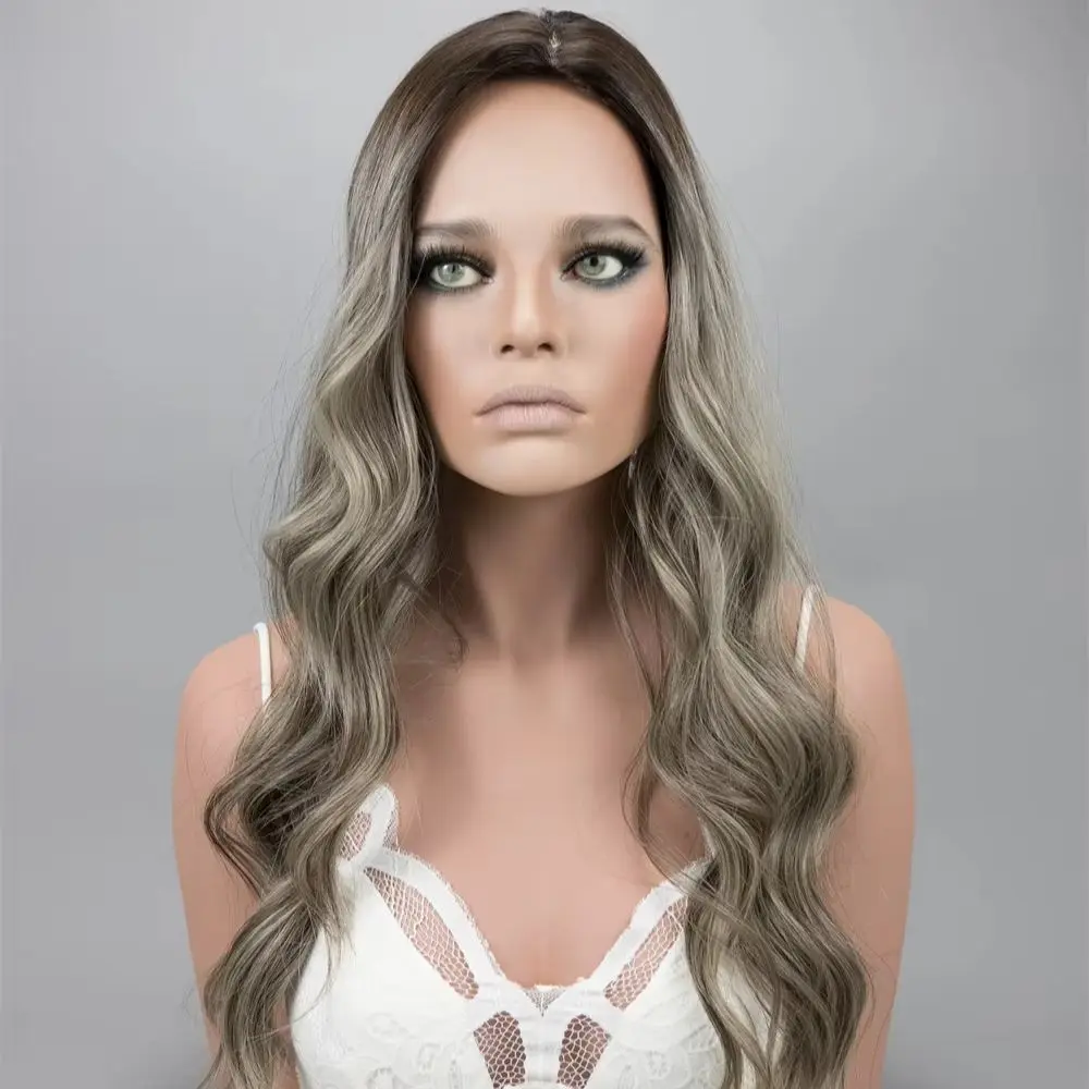 

Natural Preplucked Hairline 13x4 Ombre Ash Blonde Brown Wig Synthetic Soft HD Lace Frontal Wig High Quality Wig for Women 26''
