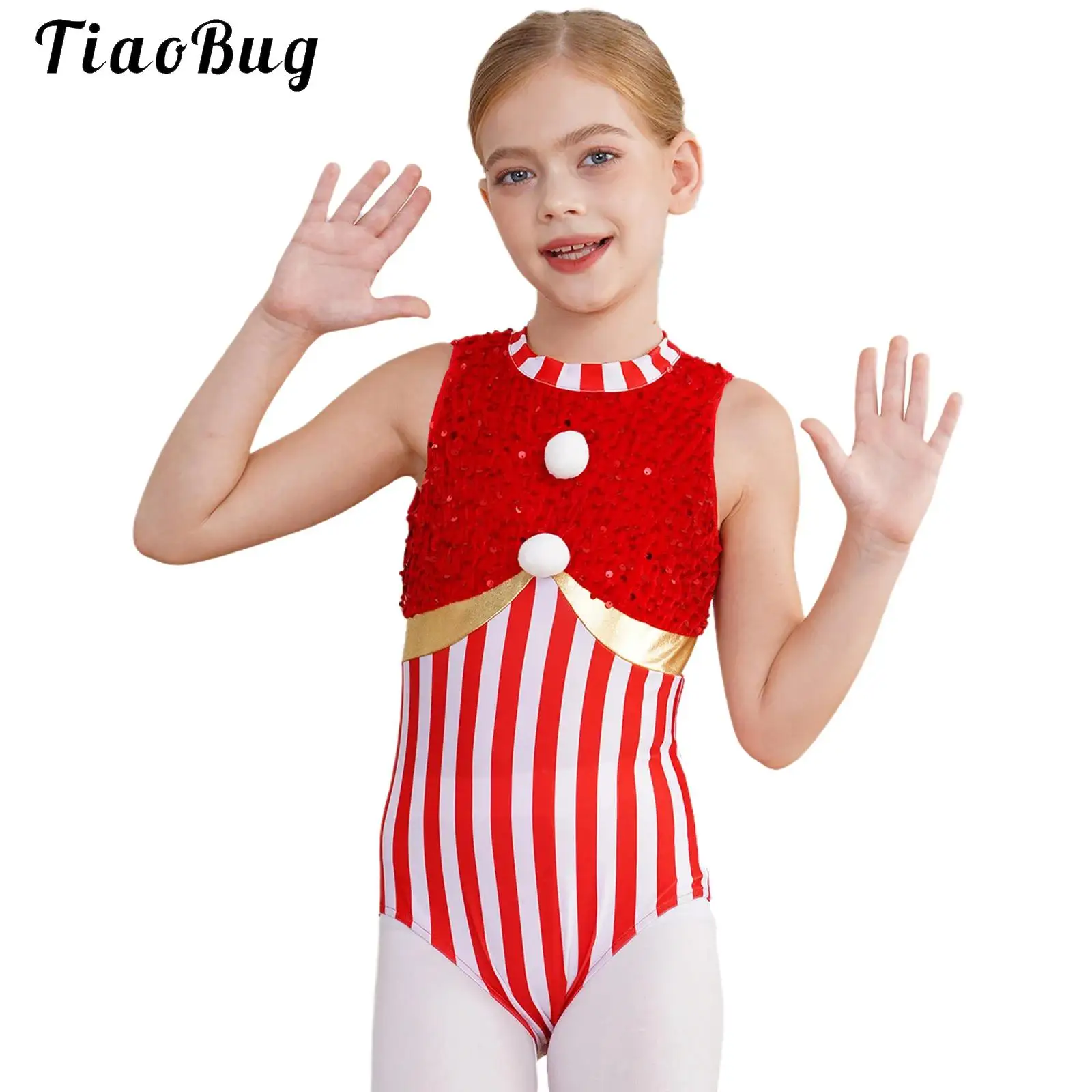 Kids Girls Christmas Dance Costume Candy Cane Striped Sequin Ballet Dance Gymnastics Figure Skating Leotard Bodysuit Dancewear