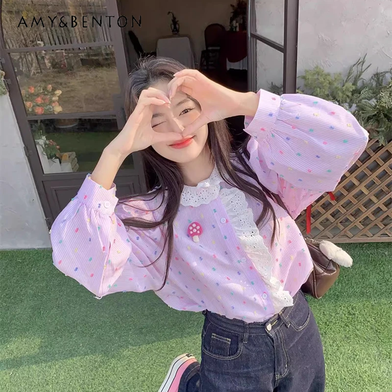 

2025 Spring Summer New Polka Dot Lace Striped Women's Blouse Sweet Cute Lace Collar Bubble Sleeve Age-reducing Shirts Ladies