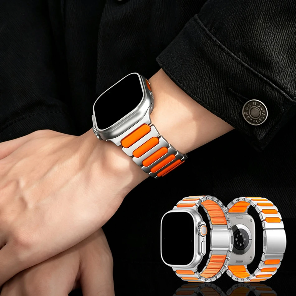 Titanium Silicone I-shaped Strap For Apple Watch Band Ultra 49/46/45/44/42mm Magnetic Band For Iwatch Series 11 10 9 8 7 6 5 SE