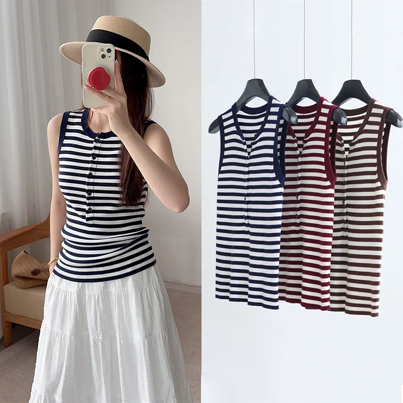 

Long-Term Classic Versatile Summer Henry Collar Silk Stripe Slim Fit Svel Knitted Vest Women's Faion Commute S...