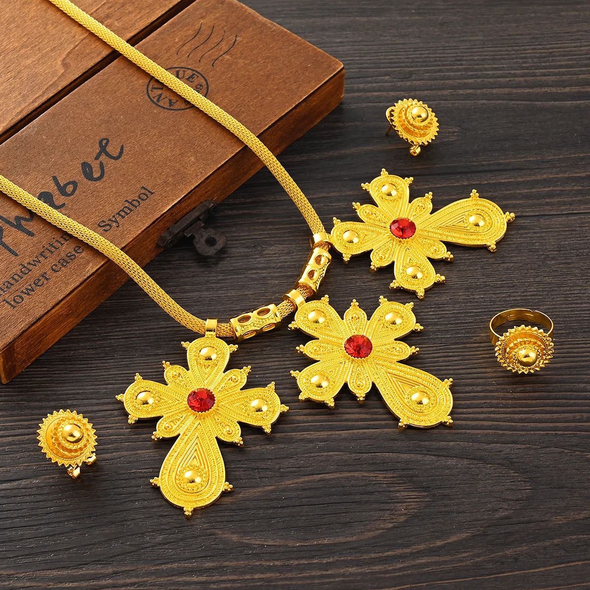

Saudi Arabia Classical Ethiopian Gold Plated Bridal Jewelry Sets Necklace Earrings Ring Gifts Wedding Jewellery Set For Women