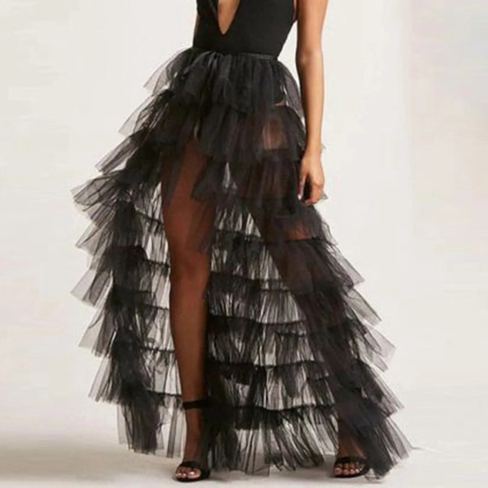 

Sexy Black High Split Women Tulle Maxi Skirts To Birthday Party Puffy Long Tulle Skirts Train Elatsic Mesh Bubble Tulle Skirt