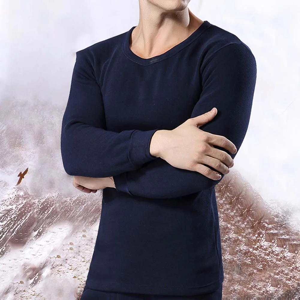Men's Thermal Underwear Sets Round Neck Coldproof Long Johns Solid Color Thicken Pajamas Base Layer Winter Warm Top And Pants