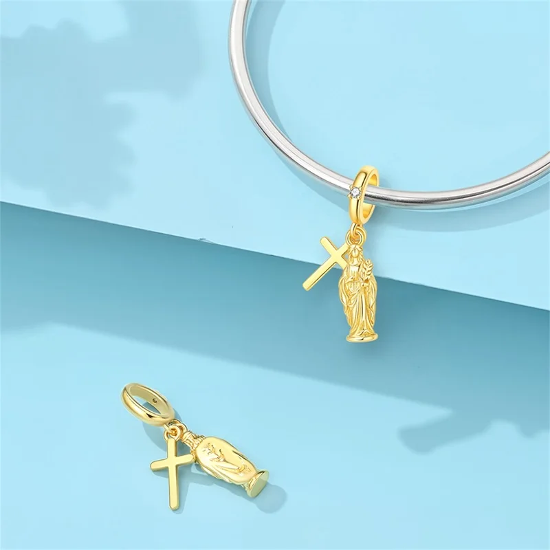 Vintage Faith Charm Bead 925 Sterling Silver Virgin Mary Star Moon Sun CZ Zircon Dangle Bead Fit Bracelet DIY Jewelry Gift