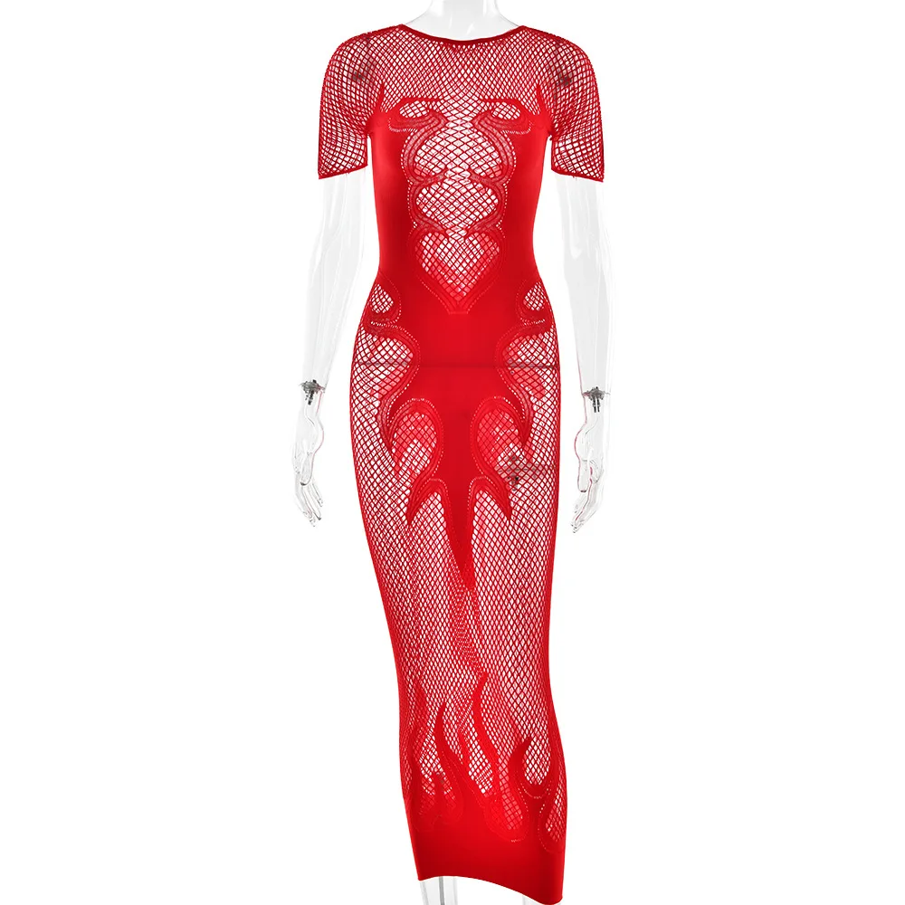 Bangniweigou Fishnet Durchsichtiges Rundhals-Midikleid für Damen, sexy Nachtparty, kurzärmelig, dünne Robe