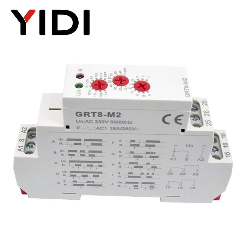 GRT8-M Multifunction Timer Relay 16A 10 Functions DIN Rail Time Delay Relay AC/DC 12V 24V 220V 230V Voltage Options