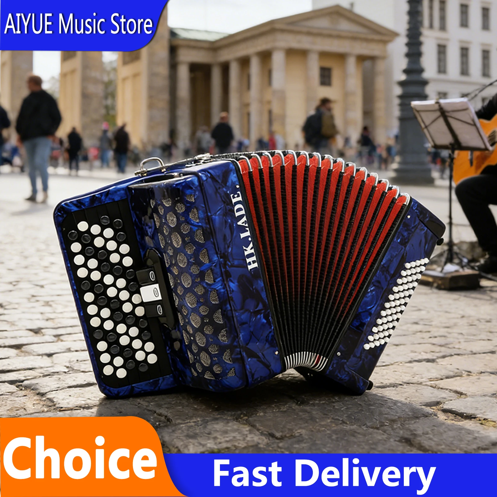 

HK-LADE Bayan Accordion Professional 62-Key 60-Bass Button Accordion With 3-Register Switches Anti-Slip Buttons Goatskin Bellows
