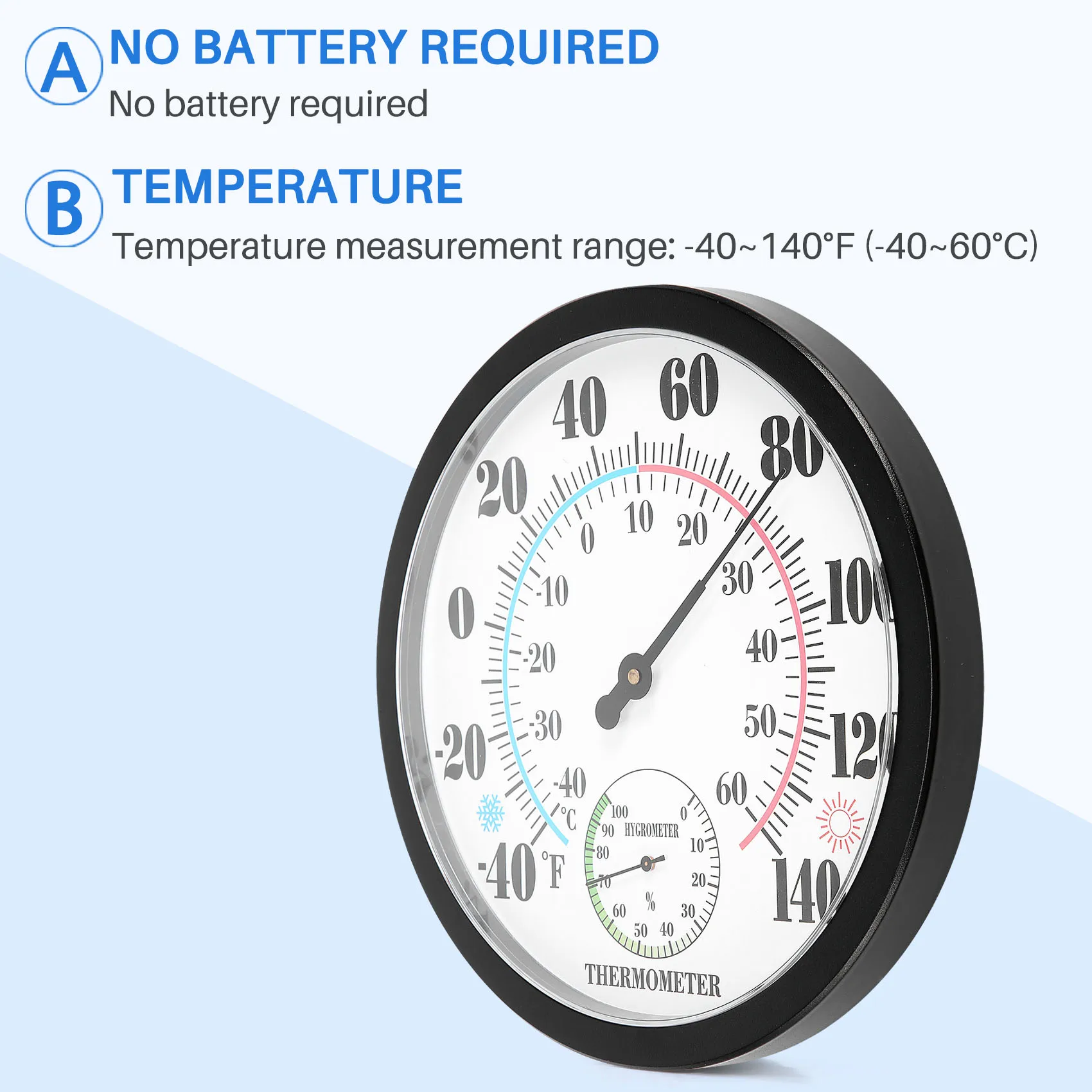 Indoor Outdoor Thermometer Garden Wall Patio Weather Thermometer Hygrometer, Large Number 10 in Diameter (Black)