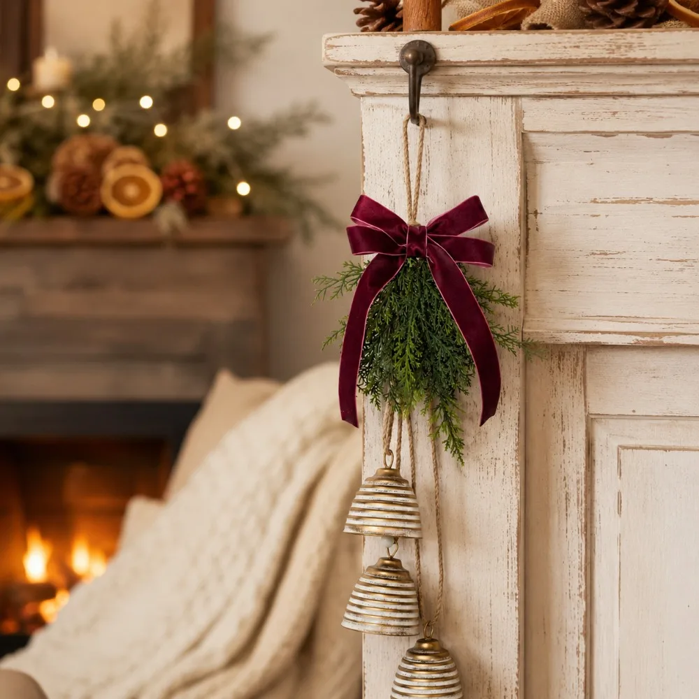 Christmas Hanging Bell Decoration Vintage Rustic Metal Jingle Bell with Artificial Cedar Greenery for Door Wall Fireplace Decor