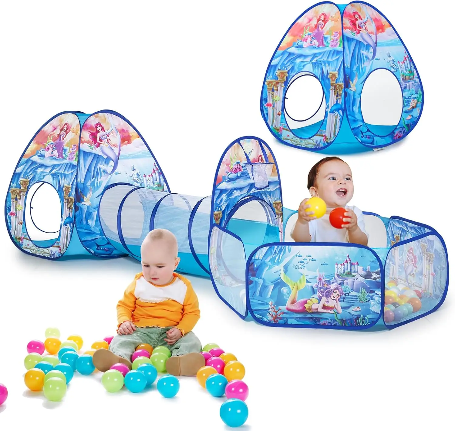 3-in-1 Meerjungfrau-Kinderspielzelt mit Spieltunnel, Bällebad, Basketballkorb für Jungen und Mädchen, Pop-Up-Spielhausspielzeug für Kleinkinder für Bab