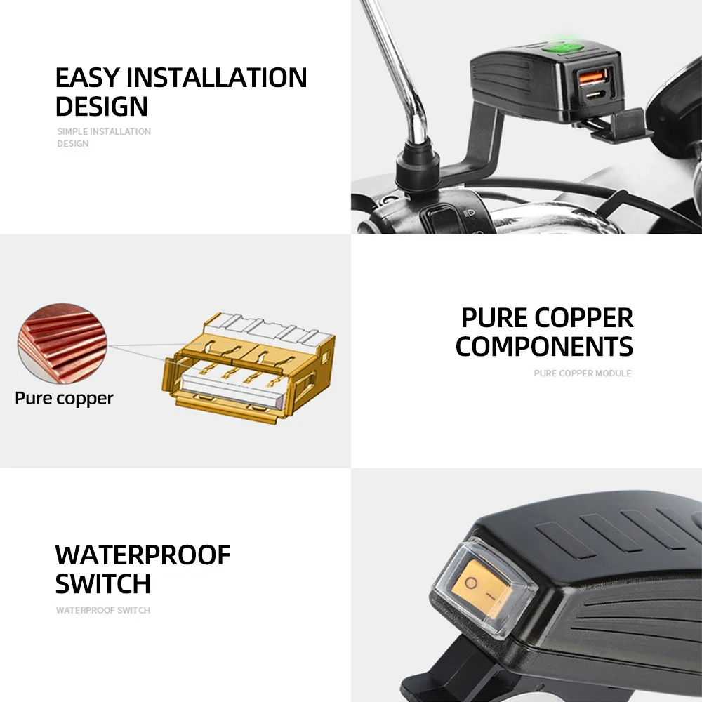 Motorcycle Charger PD+QC3.0 38W Waterproof 12V USB Moto Handlebar/Rear Mirror Dual Port Fast Charge Power Socket With Voltmeter