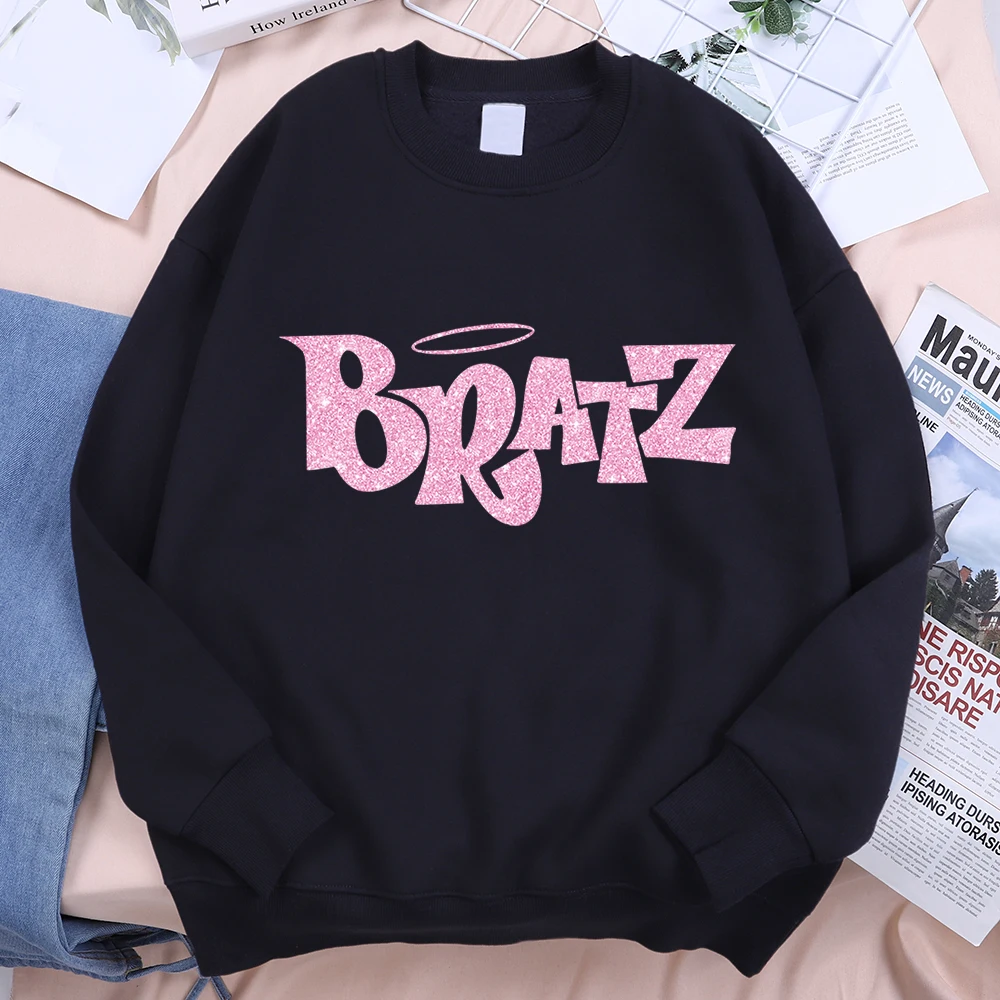 Pink Cartoon Letters Bratz Print Sweatshirts Mens Casual Fleece Clothes Creativity Warm Hoodie Autumn Loose Streetwear Pullover