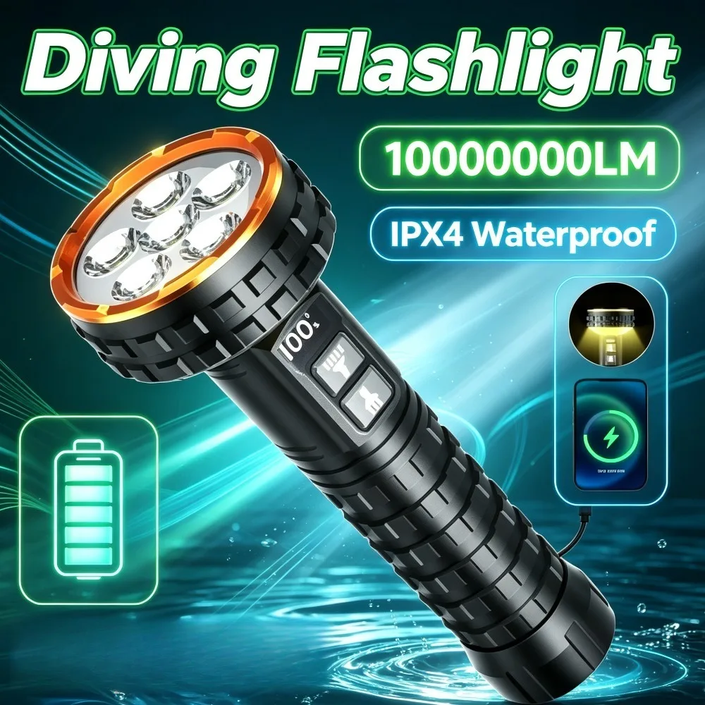 New Professional Rescue Diving Flashlight High Power Long‑Range Torch with Long Lasting Battery for Underwater Outdoor Survival