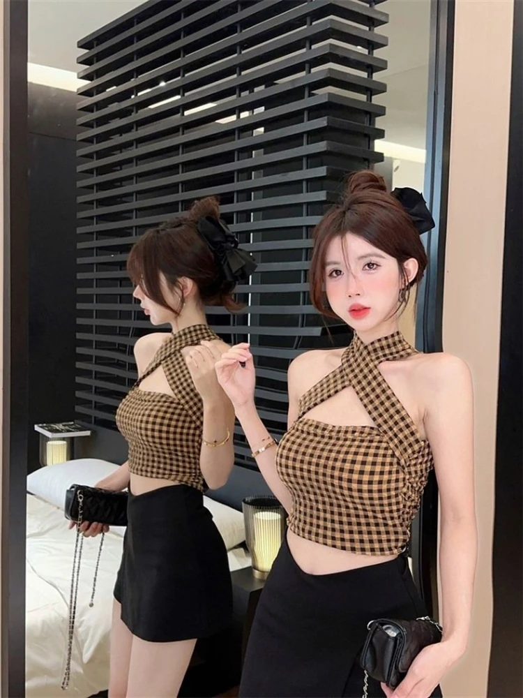 Elegant Grid Print Wrap Around Neck Cami Blouse Lady Holiday Beach Vacation Sun Dressy Loose Fit Flowy Soft