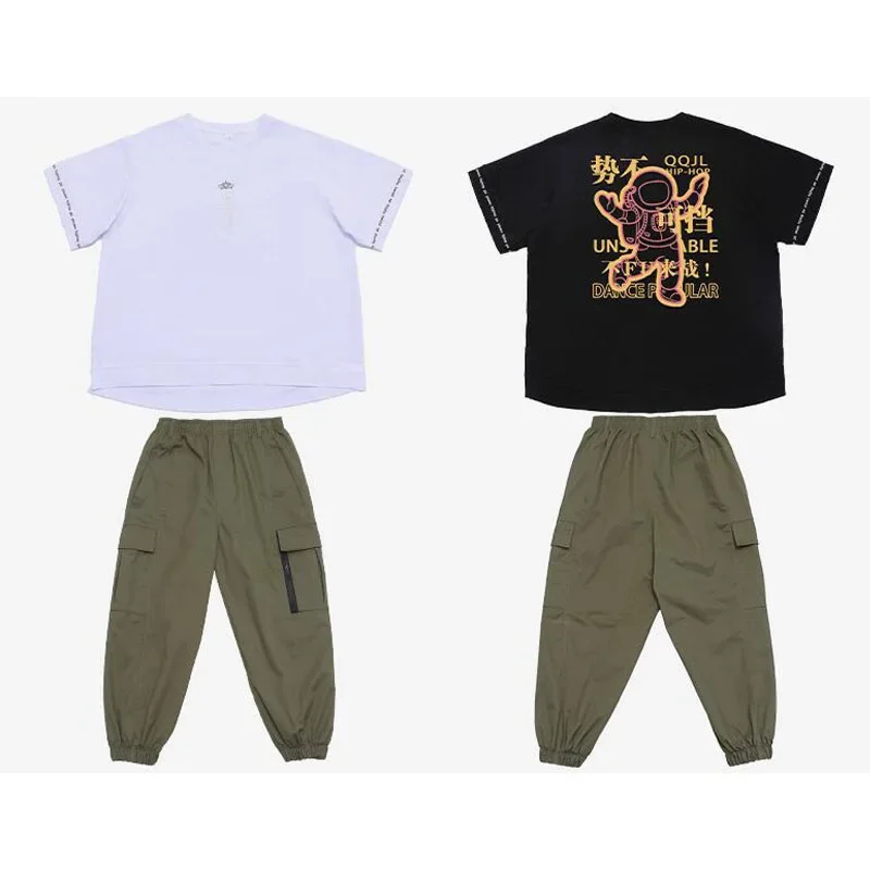 Loose Tshirt Tactical Cargo Pants Kids Boys Hip Hop Dance wear Outfits Stage Clothes Girls Cool Carnival Jazz Dancing Costumes