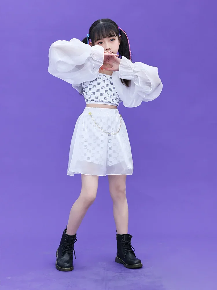 Mädchen Gruppe Hip Hop Kleidung Kinder Crop Top Chiffon Hosen Street Dance Spitze Röcke Kind Streetwear Elegante Kostüm