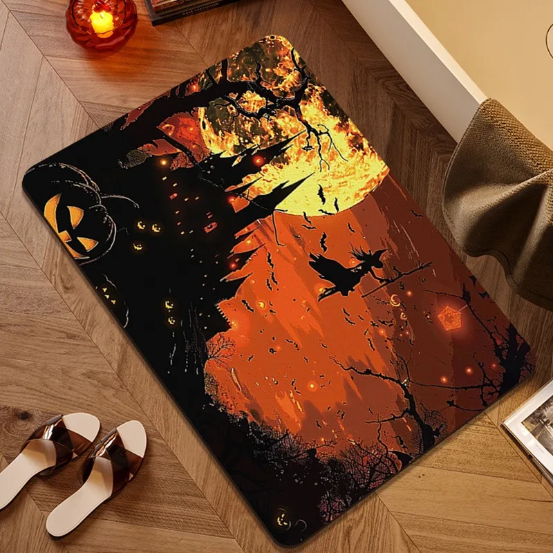 Patterned Door Mat Set With Scarecrow Bat And Spooky Scene Designs Artistic Decor Mat For Entryway For Home Decor
